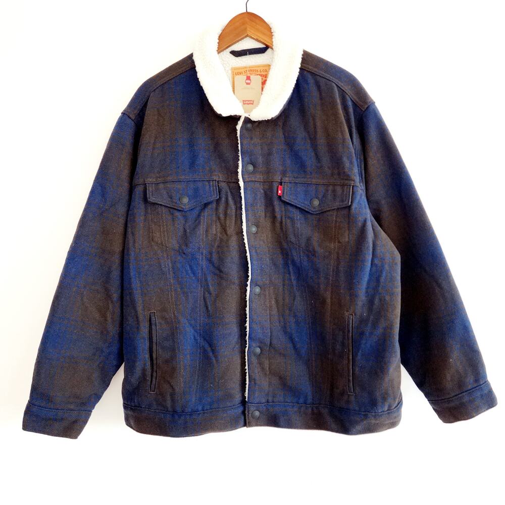 Levi's Men's XL Brown & Blue Plaid Flannel Sherpa Lined Trucker Jacket